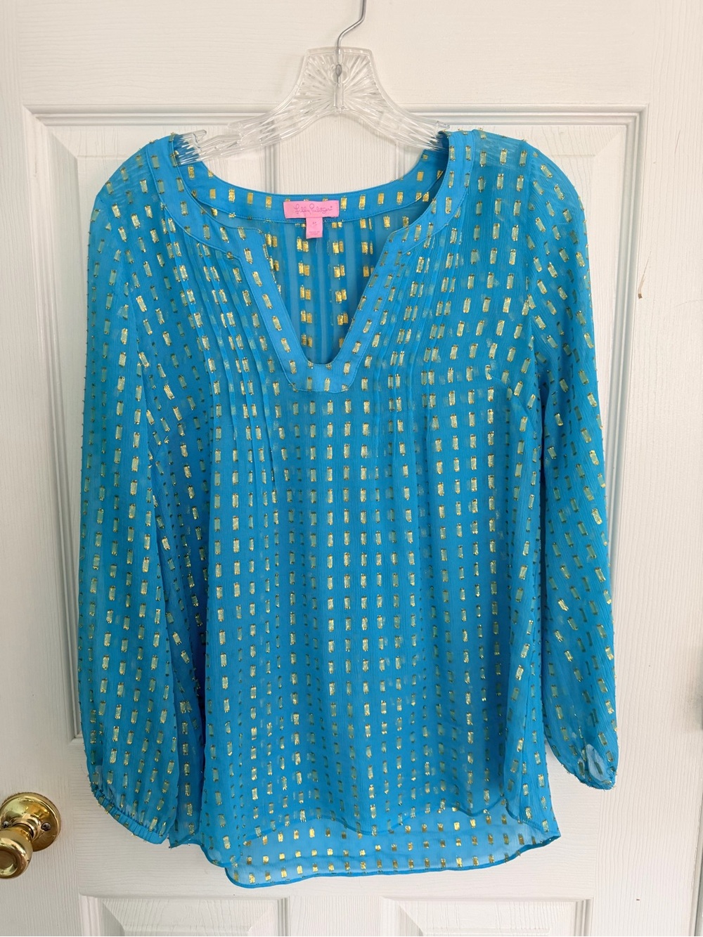 Lilly Pulitzer Colby Turquoise  Metallic Dot V-Neck Blouse